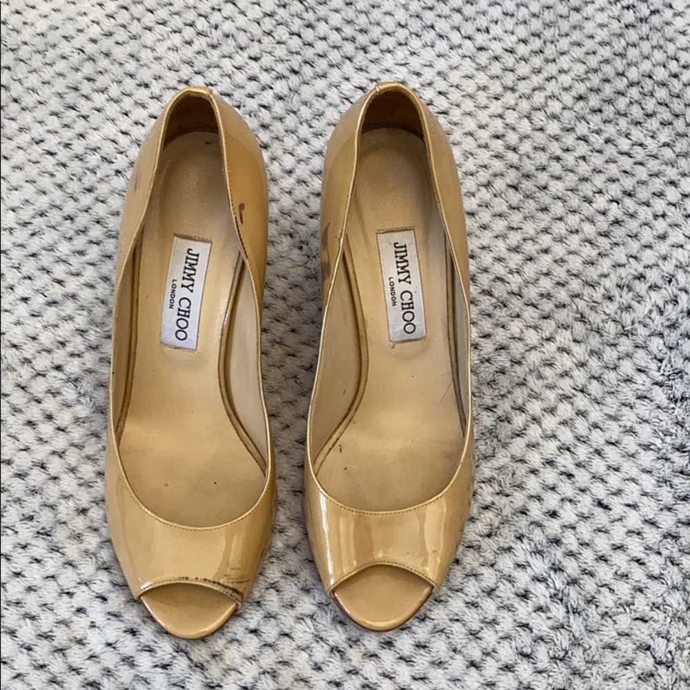 JimmyChoo Patent Leather Baxen Peep Toe Wedges